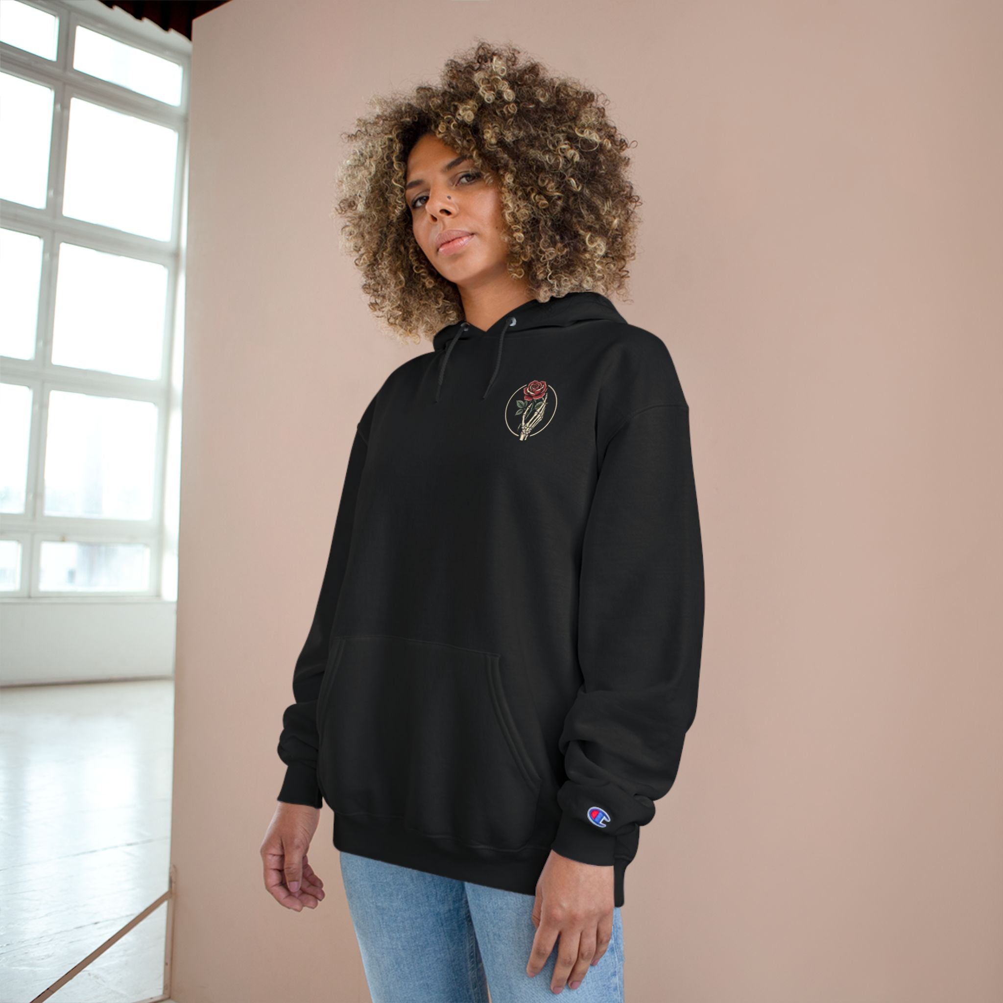 Rose Emblem Hoodie — Minimal Floral Champion Sweatshirt