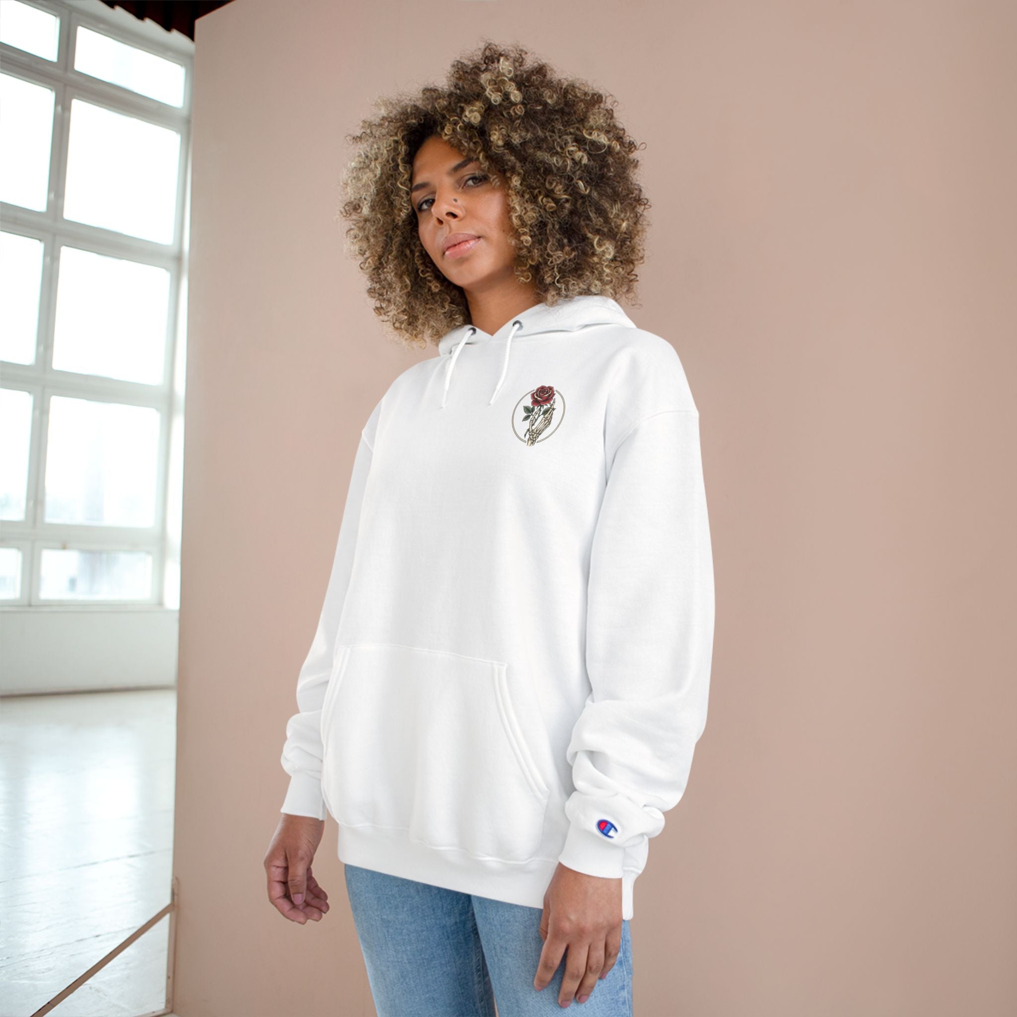 Rose Emblem Hoodie — Minimal Floral Champion Sweatshirt
