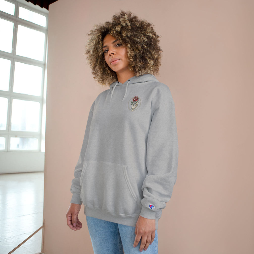 Rose Emblem Hoodie — Minimal Floral Champion Sweatshirt