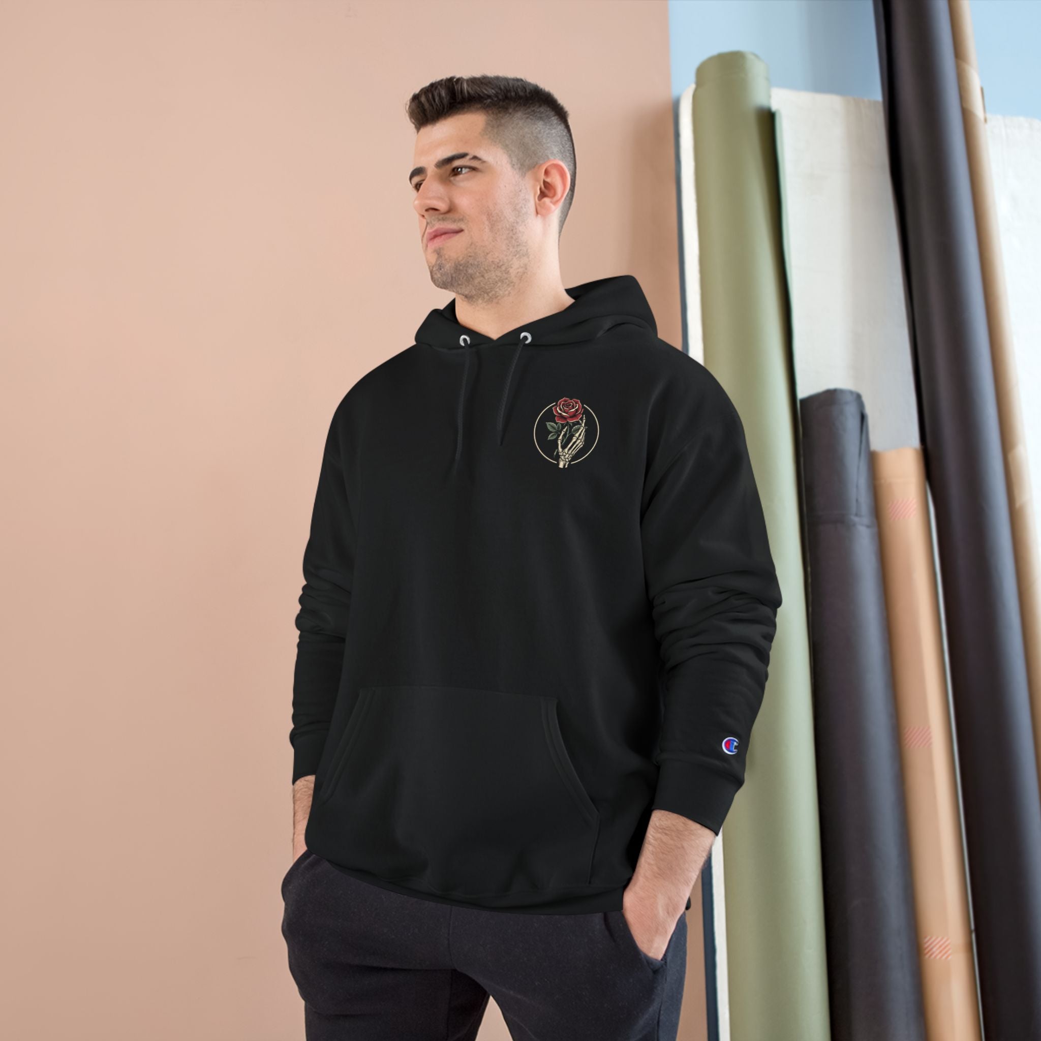 Rose Emblem Hoodie — Minimal Floral Champion Sweatshirt