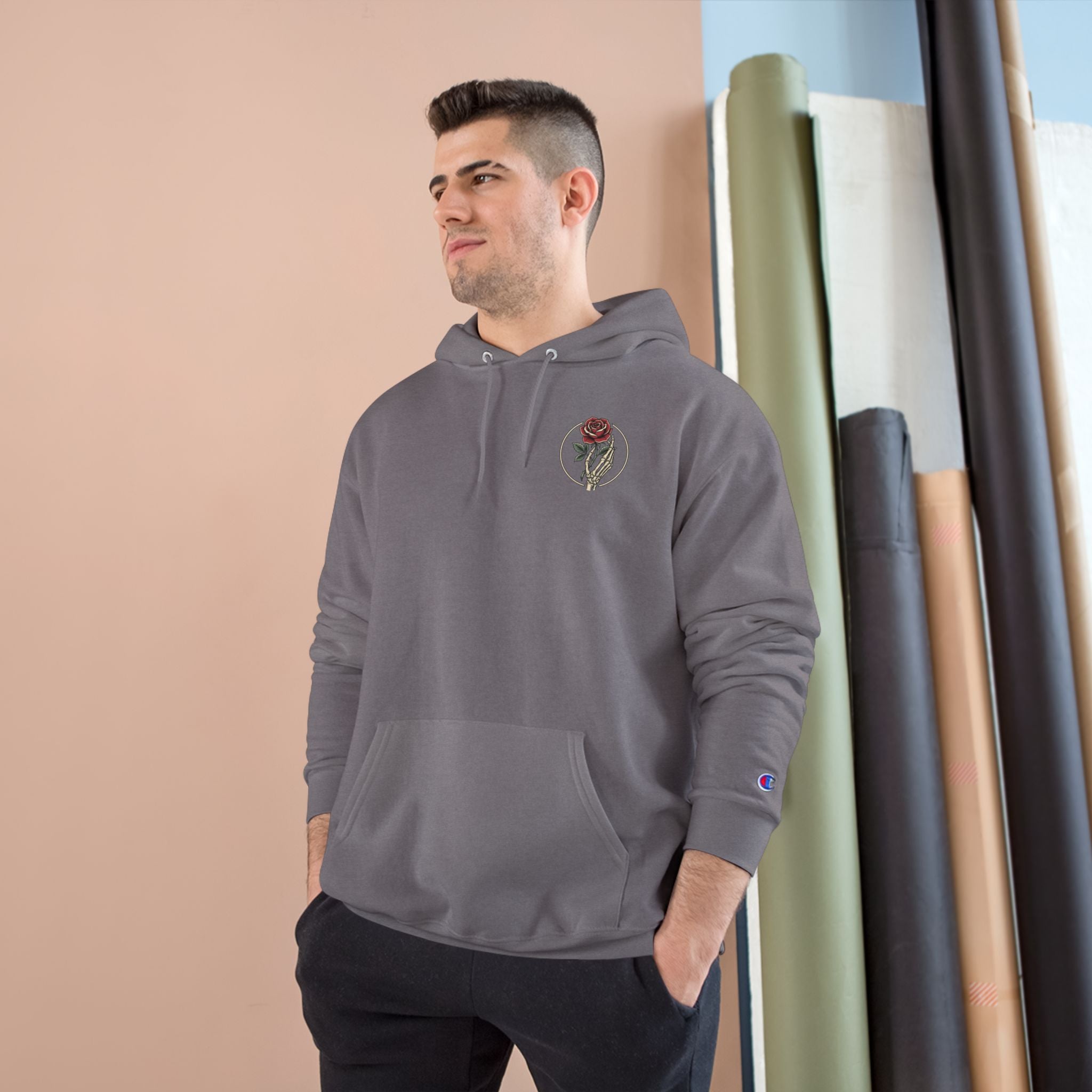 Rose Emblem Hoodie — Minimal Floral Champion Sweatshirt