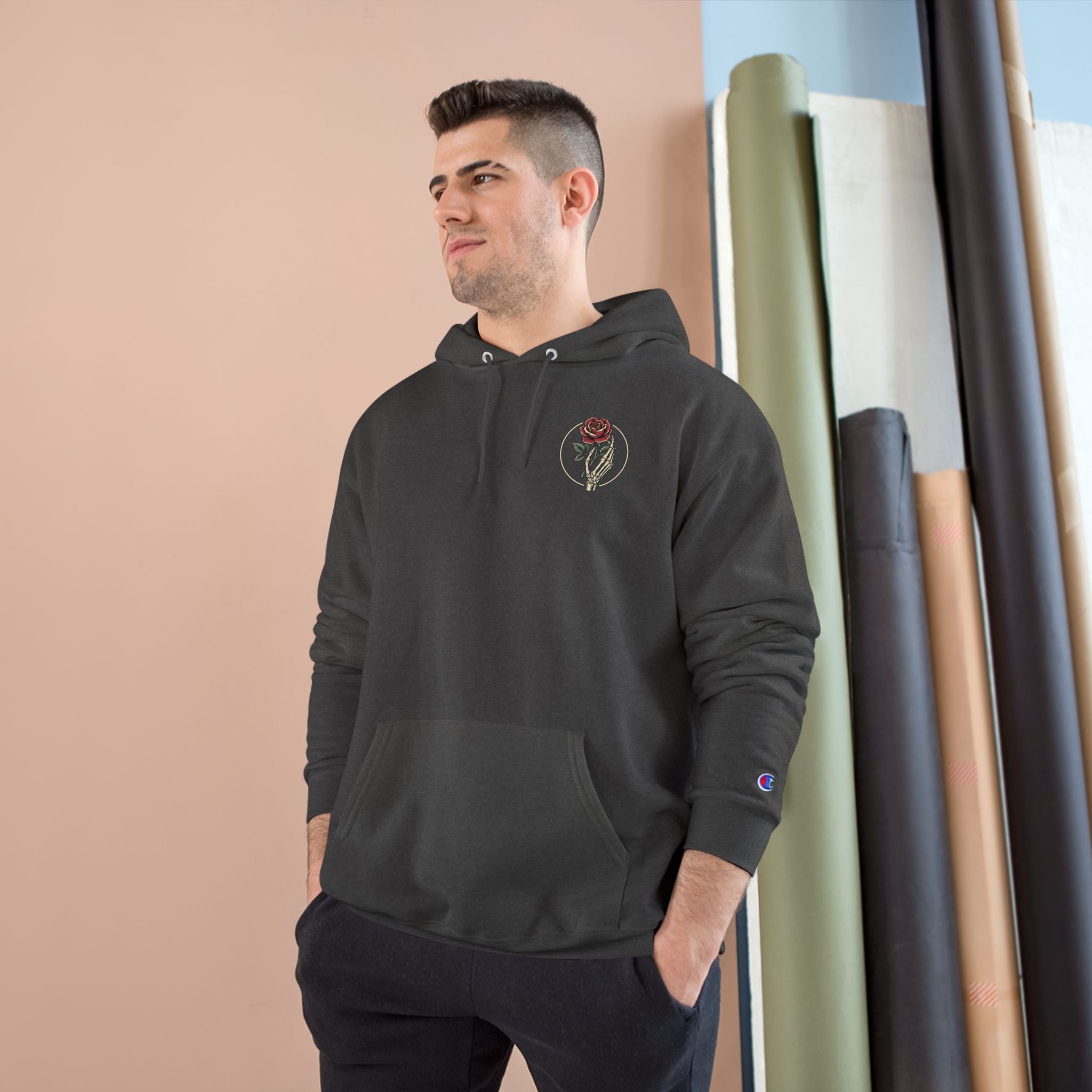 Rose Emblem Hoodie — Minimal Floral Champion Sweatshirt